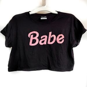 Y2K "Babe" Barbie Kawaii 2000s Black and Pink Crop Top One Size Minga London